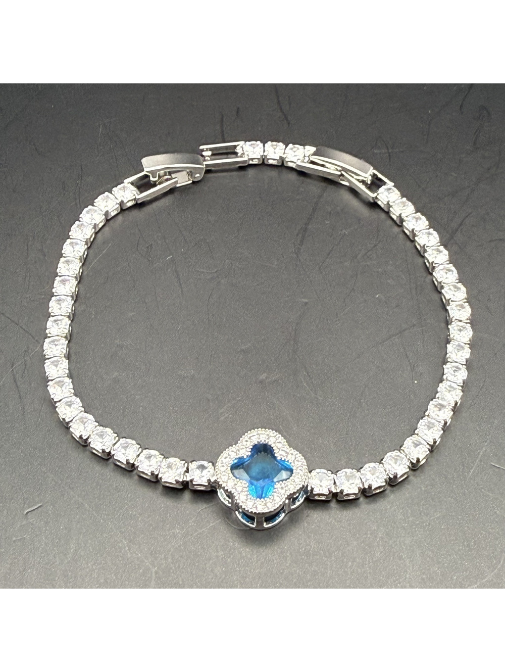 candy+clover crystal silver tone tennis bracelet with aqua clover centerpiece